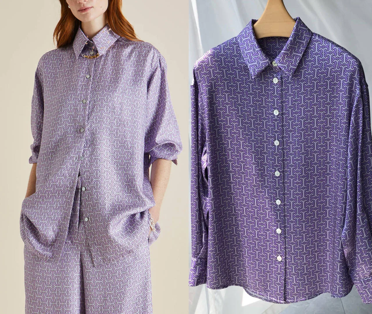 French Style Women 100% Silk Geometric Printed Long Sleeve Blouse Elegant Lady Purple Polo Collar Single Breasted Tops Shirt