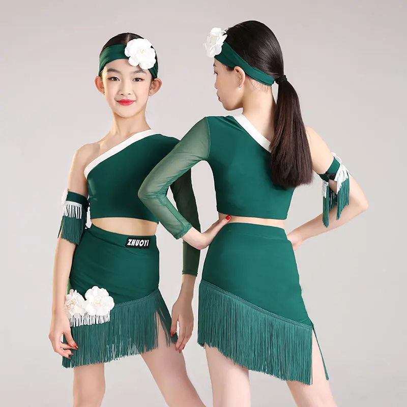 Robe de brevLatine Verte à Manches sulfpour Fille, Jupe à Pompon en Y, Vêtements de Concours de Performance Cha Cha Régions ba Samba, Chrv19