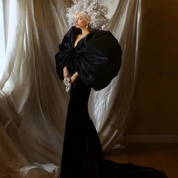 Amazing Black Velvet Mermaid Evening Dresses with Wraps Puff Sleeves Unique Party Gown V Neck Formal Prom Dress فساتين سهرة 2025