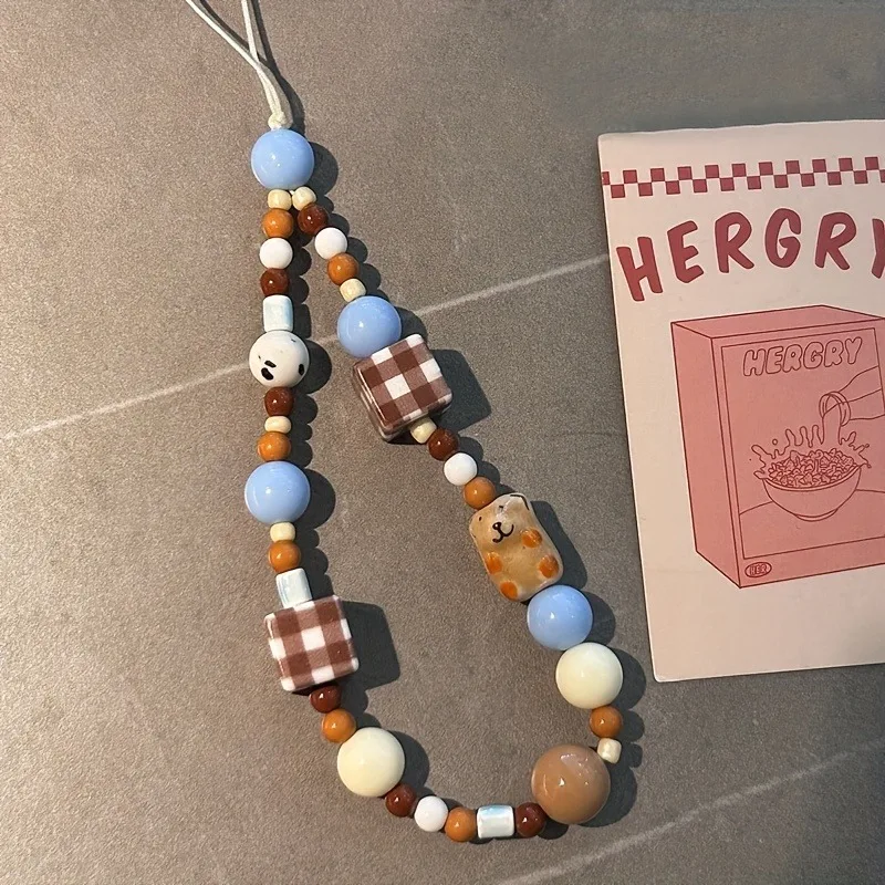 Korea Cute Brown Puppy Grid Block Blue Bead Beaded Phone Chain Charm Lanyard For iPhone 16 Samsung Universal Accessories Jewelry