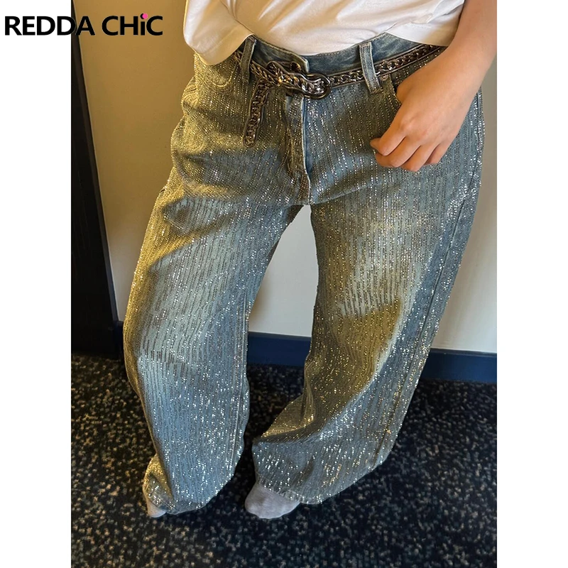 

ReddaChic Glitter Rhinestone Baggy Jeans Women Vintage Wash High Waist Straight Wide Leg Pants Nightclub Festival Y2k Clothes