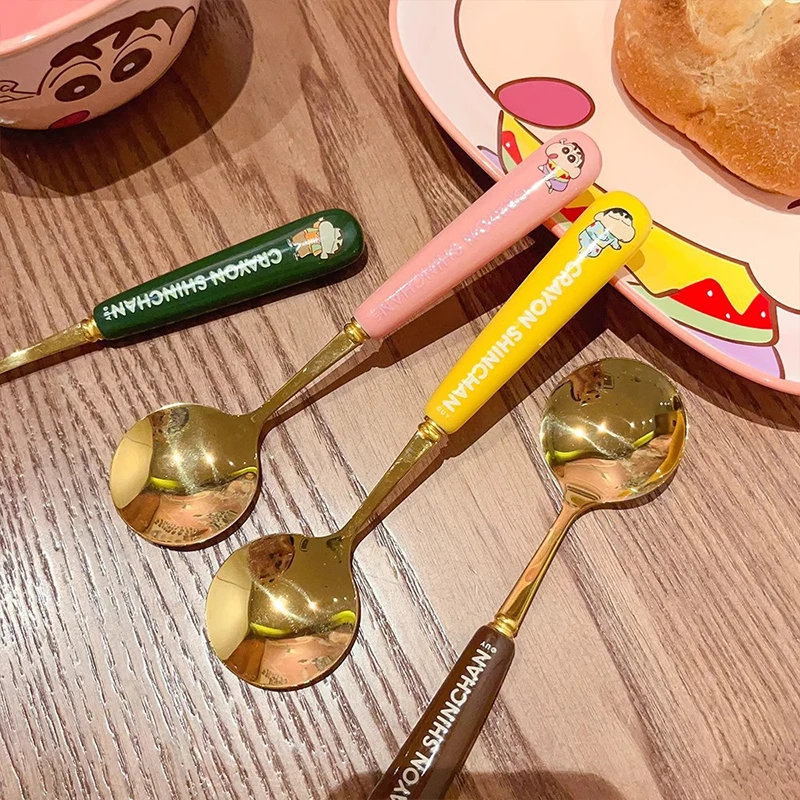 Kawaii Crayon Shin Chan Suit Fork Spoon Fork Cartoon Cute Family Kitchen Soup Anti Fall Stainless Steel Tableware Toys Girls