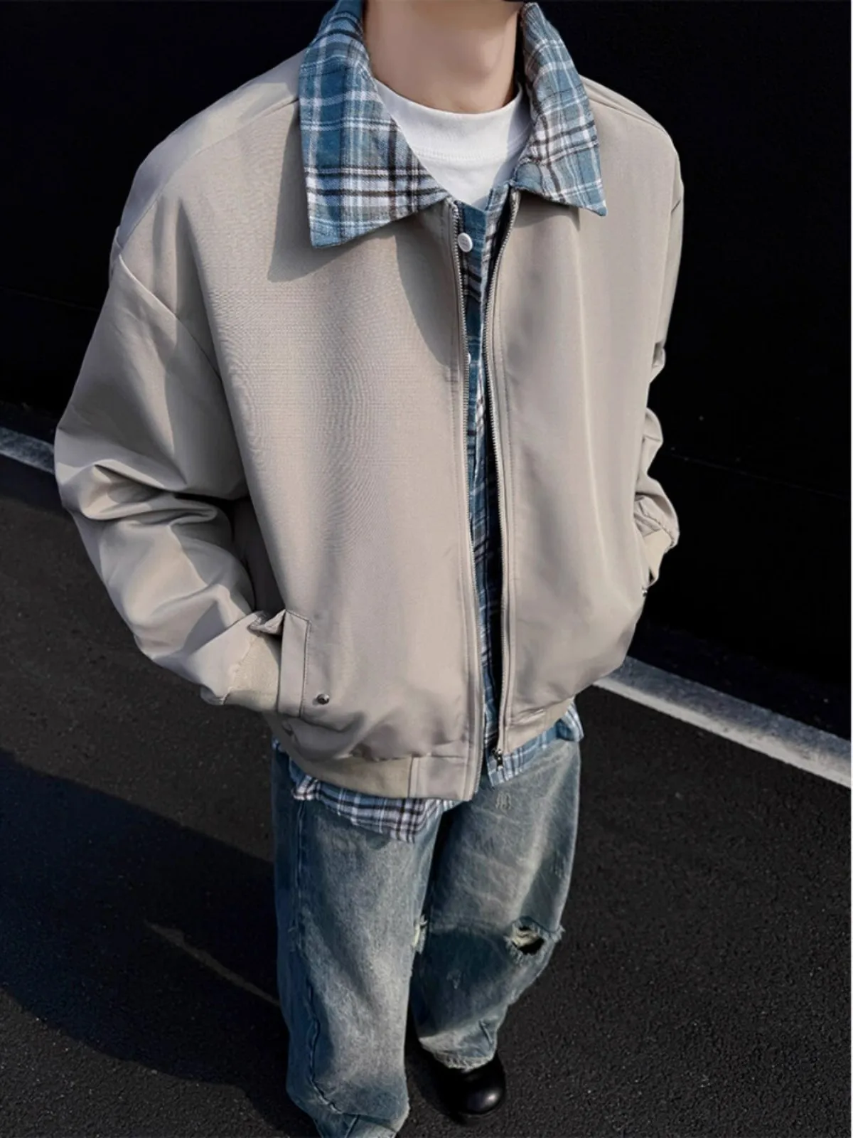 

American Retro Plaid Jaet Men's Spring Autumn Loose Pilot Collar Coat Youth Faion Outerwear Windproof Polyester