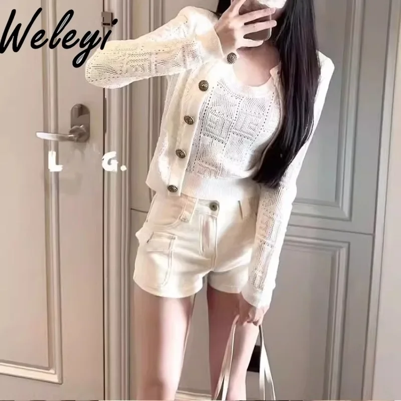 Ladies Ice Silk Thin Knitted Sweater Cardigan 2024 Autumn New Elegant Long Sleeve Short Knitting Top Sleeveless Vest 2 Piece Set