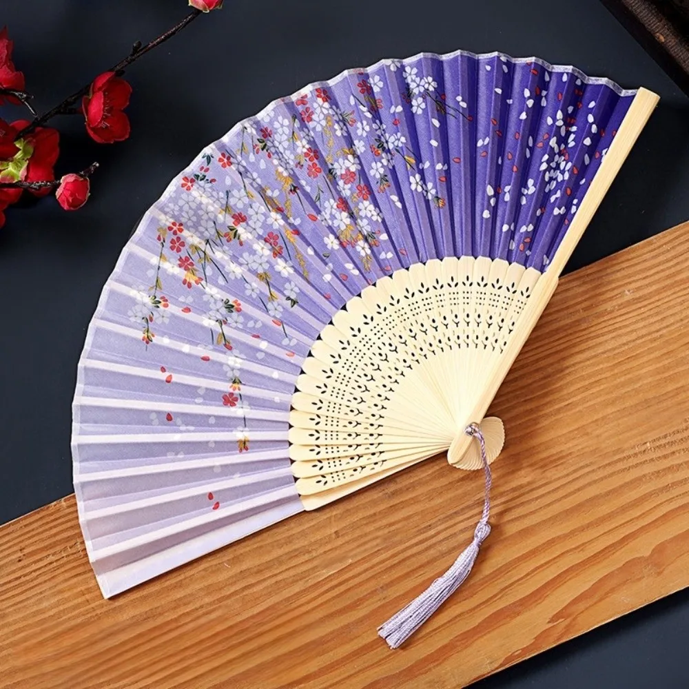 Photo Prop Chinese Style Tassel Folding Fan Butterfly Lotus Bamboo Fan Swallow Weeping Willow Handheld Fan Wedding