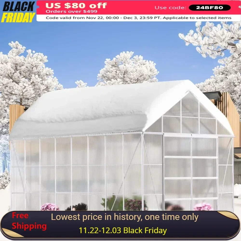 10' X 16' Outdoor Aluminum Greenhouse Polycarbonate with Adjustable Roof Vent and Sliding Door for Backyard Garden in Winter