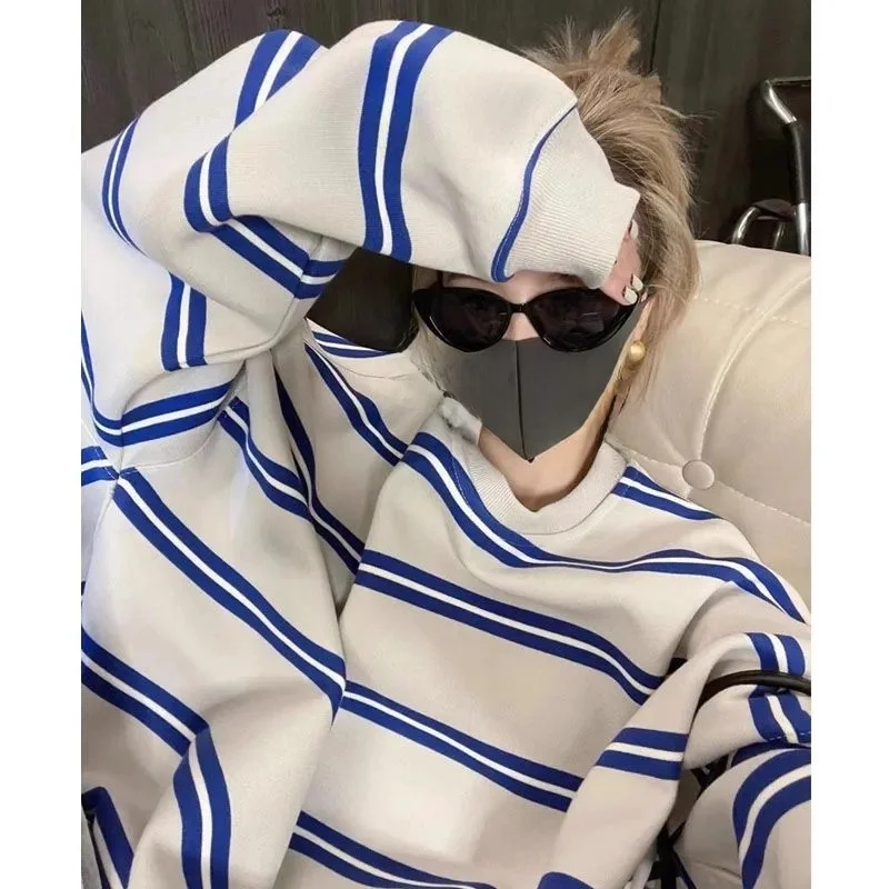 

plus Size Women's Autumn Winter Fce Lined Long Sve Sweatirt Casual American Striped Top Comfortable Loose Sle Polye...