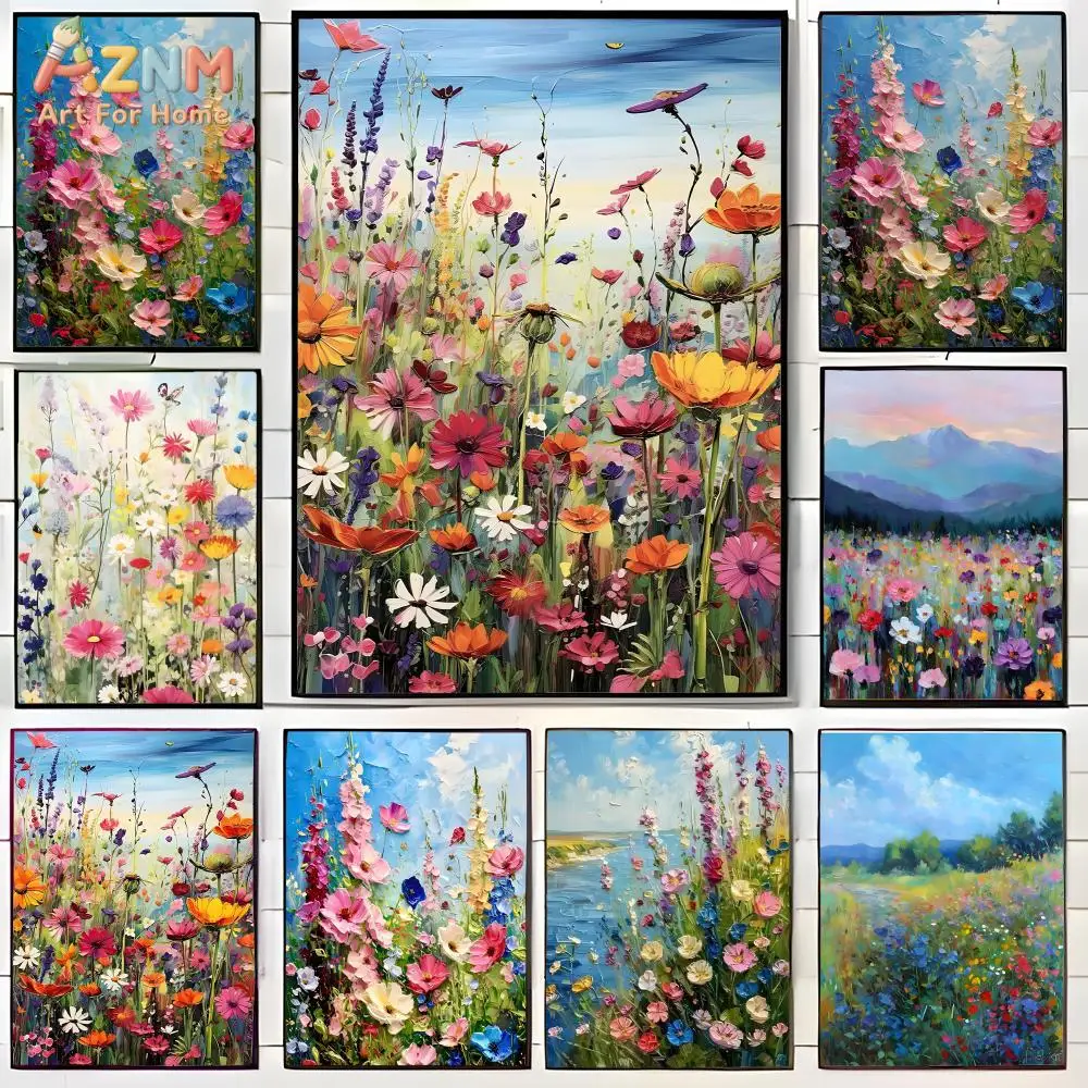 AZNM Impressionist Wildflower Meadow Frameless Canvas Wall Art, Colorful Floral Landscape Print, Boho Living Room Home Decor, Un