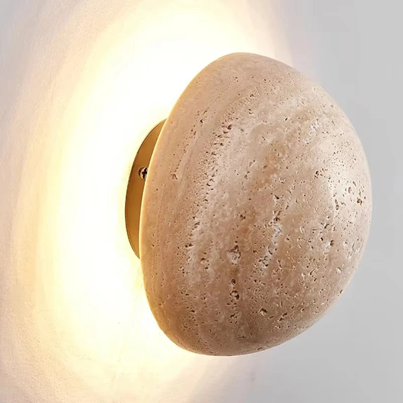 Minimalist Travertine Marble Wall Sconce – Round Natural Stone Fixture with Warm Ambient Glow for Modern Interiors