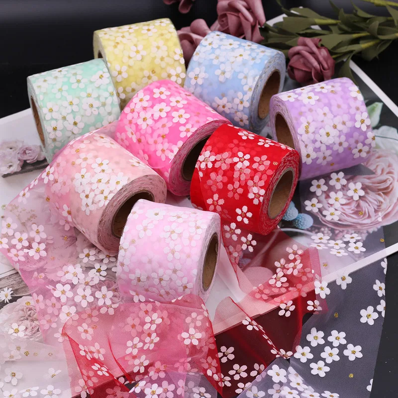 6cm 5Yards Floret Tulle Daisy Ribbon Roll DIY Craft Ribbons for Gift Bow Packaging Cherry Blossoms Printed Mesh Fabric Supplies