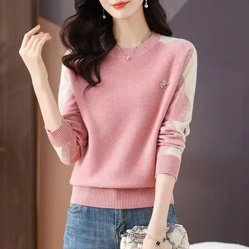 New Woman Sweater Pullovers Korean Autumn Winter Vintage Color Block Long Sleeve Knitted Sweaters Women Clothing Lady Jumpers