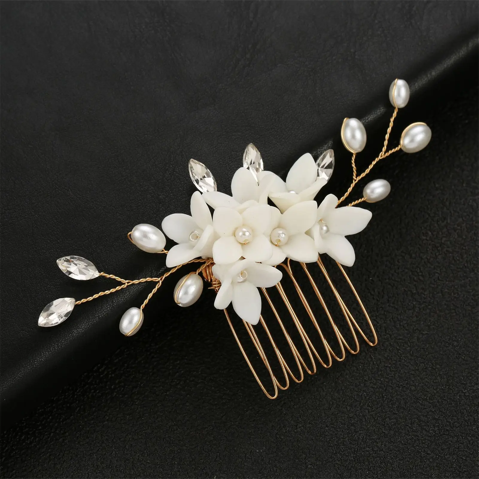 Perlen-Keramik-Blumen-Haarkamm Strass Braut-Haarspange aus Legierung Eleganter Hochzeits-Haarschmuck Hochzeits- und Abschlussball-Haarklammer – Detail 5