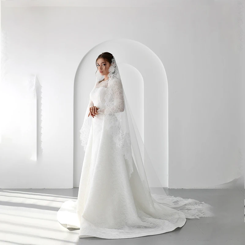 

Lace Weddings Dresses O-Neck Long Sleeve Elegant Brides Dress White A-Line Long Arabic Bridal Gown Customized vestidos de novia