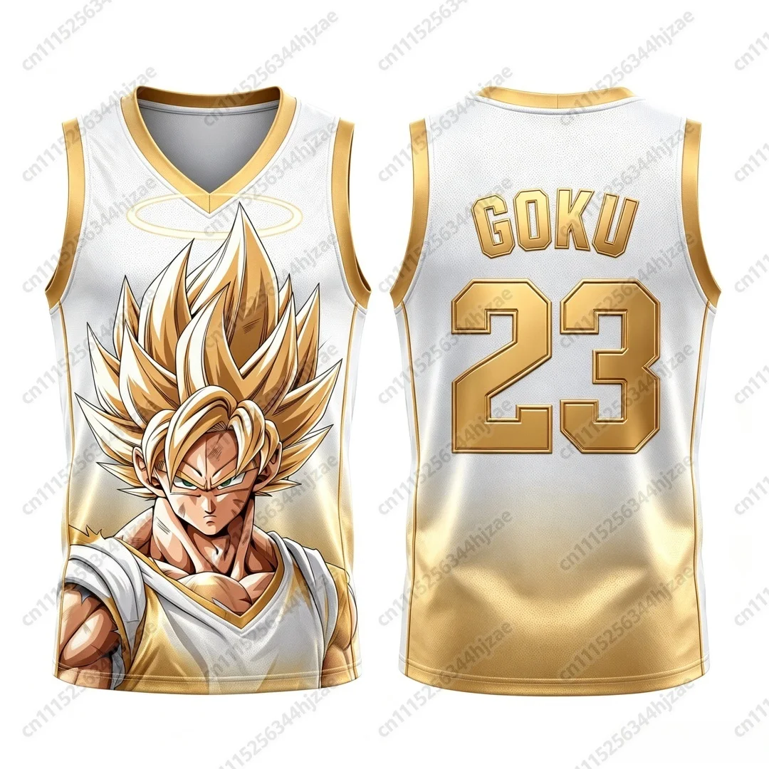 Dragon Ball Goku Super Saiyan Nr. 23 Basketball-Trikot für Herren, 3D-Druck, Sport-Tanktop, weiß-goldener Farbverlauf, Anime-Design, passend für die ganze Familie. – Detail 7