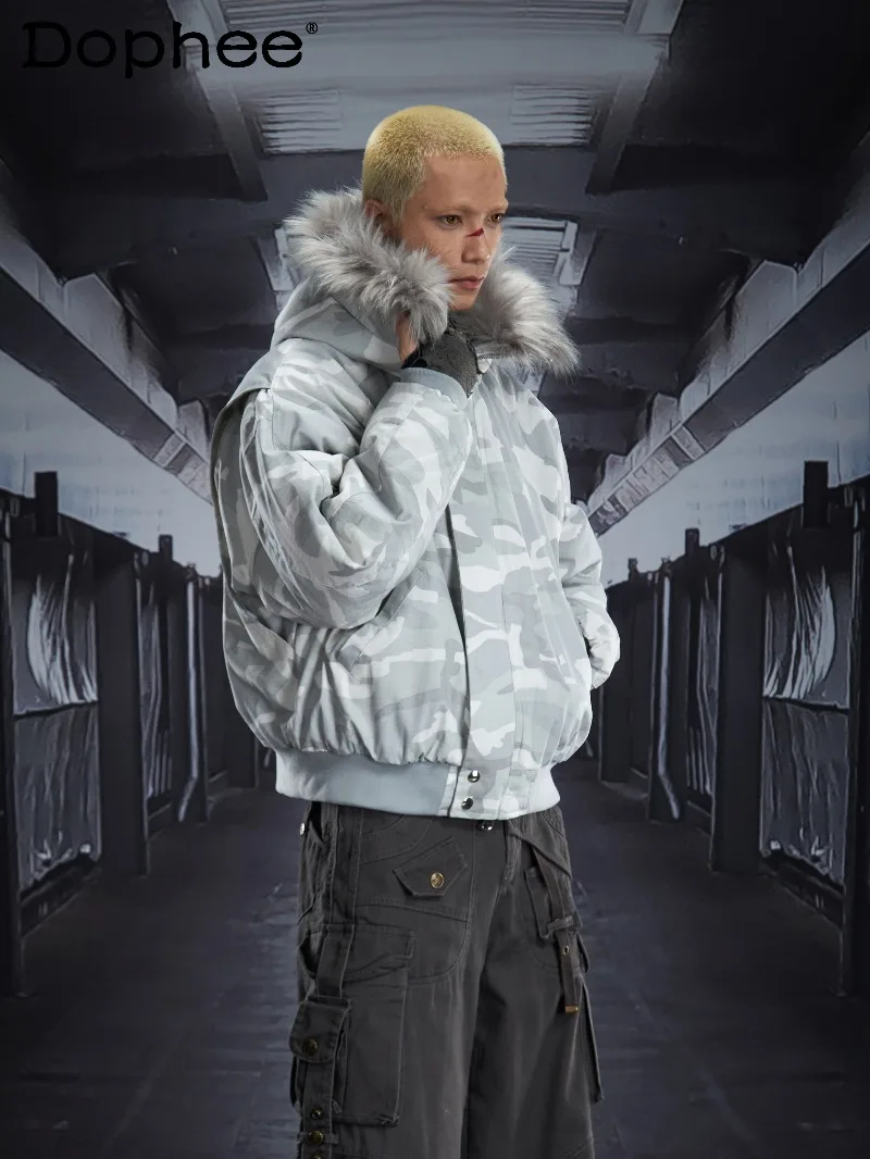 

American Retro Fashion Trend Camouflage Hooded Jacket Winter Warm Zipper Loose Thickened Short Coat for Men