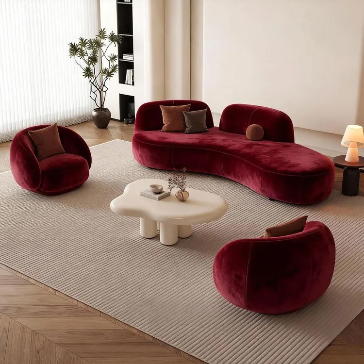 Burgundy Simple Modern Curved Fabric Sofa Small Apartment Clothing Store Beauty Salon Front Desk Rest Area Reception Sofa