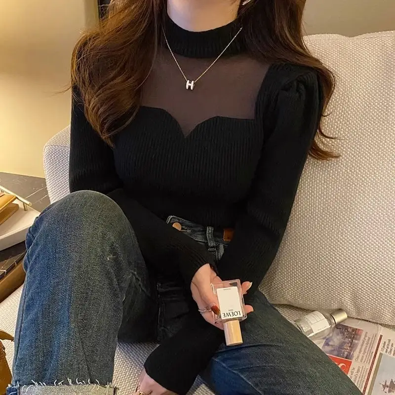 Sexy Sheer Mesh Patchwork Elegant Fashion All Match Basic Knitwear Women Half High Collar Solid Slim Pullover Top Female Jumpers