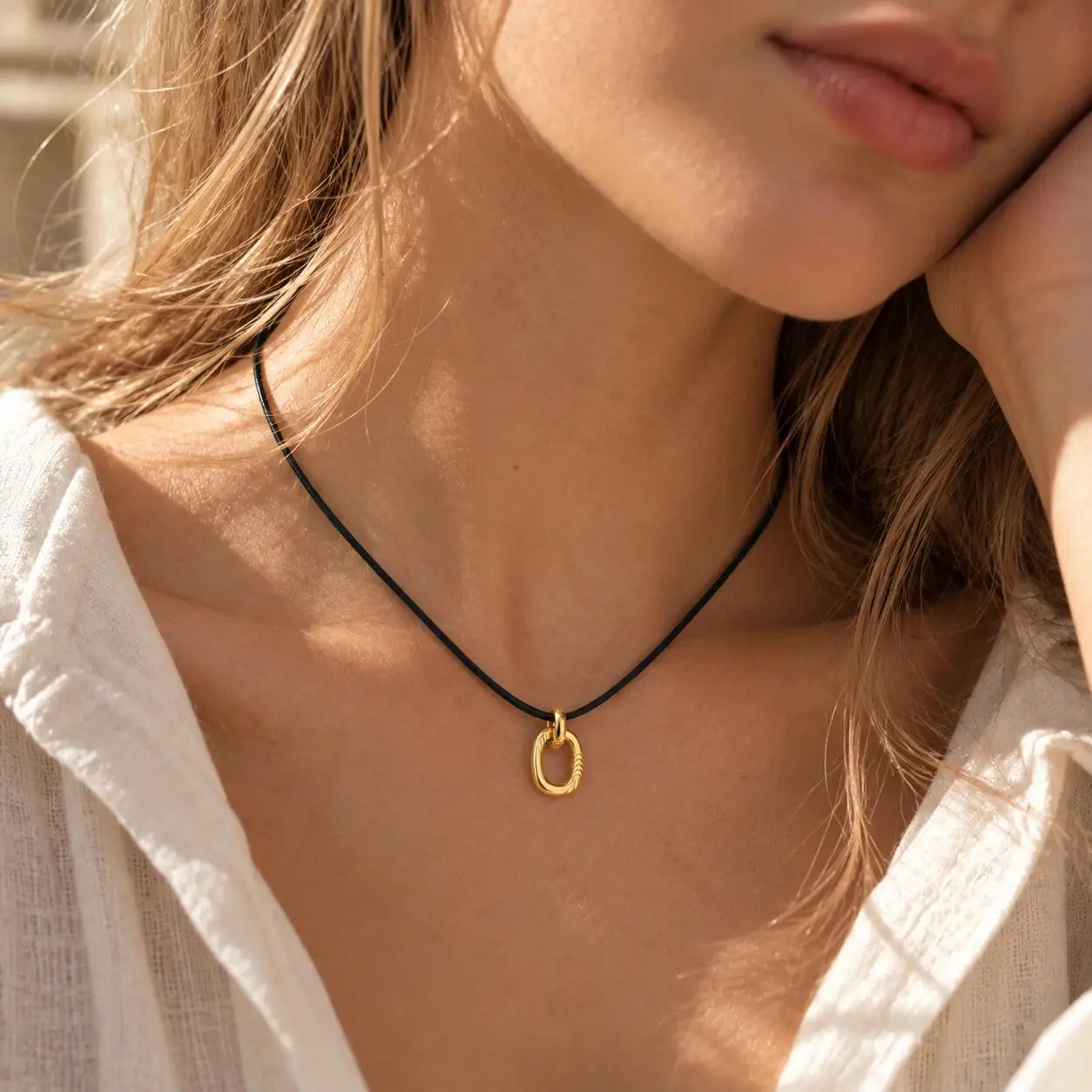 Geometric Pendant Necklace for Women Men, 18K Gold Plated Stainless Steel Black Cord, Abstract Minimalist Jewelry