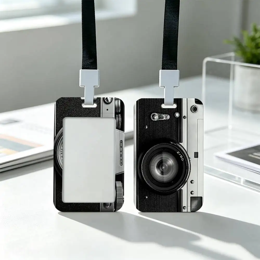Retro Camera Lens Clear Window ID Card Holder, Business Badge Holder With Neck Lanyard, Office Work Permit Card Cover