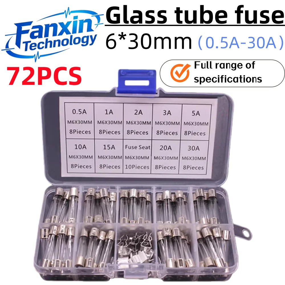 

72 шт., 6x30 6*30 мм, комплект быстродействующих стеклянных предохранителей, 250 В, 0,5 А, 1 А, 2 А, 3 А, 5 А, 10 А, 15 А, 20 А, 30 А, трубчатые предохранители AMP