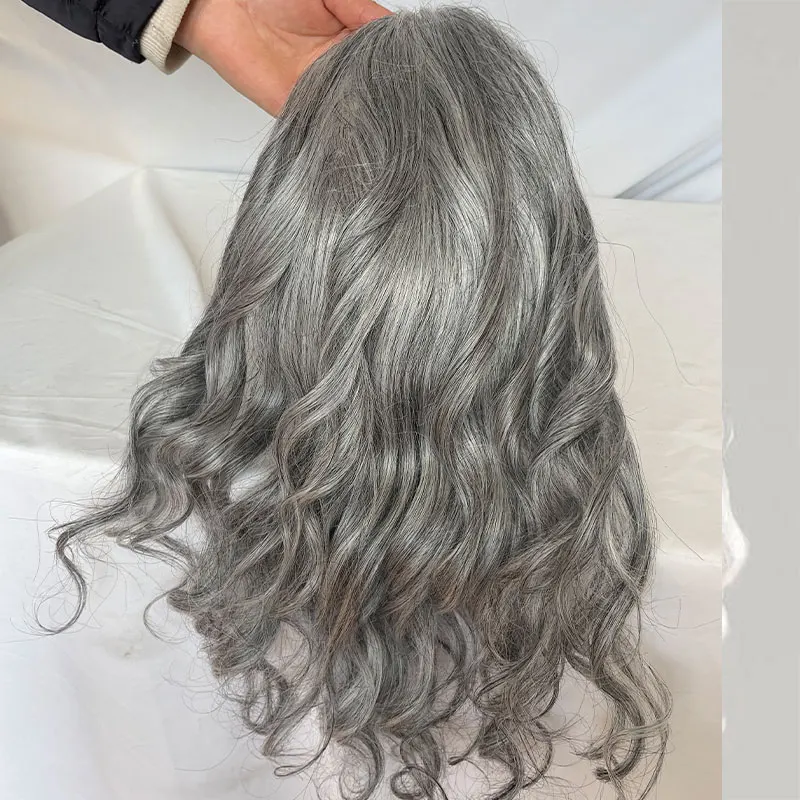 Human Hair Toupee for Men Mono Lace with Npu Around Lace Systems 10x8Inch Long Hair 12Inch 1B Mixed 80% Synthetic Grey Hair