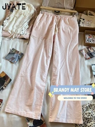 New Pink Striped Drawstring Long Pants Women Cotton Casual High Waist Simple Wide Leg Pant Vintage Loose Streetwear Chic Trouser