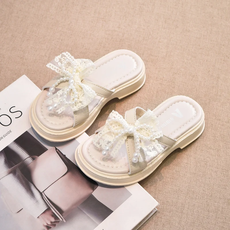 

Outdoor Kids Causal Princess Slippers Summer Sweet Lace Bow Girls Breathable Slippers Thick Bottom Daily Wear Children Slippers