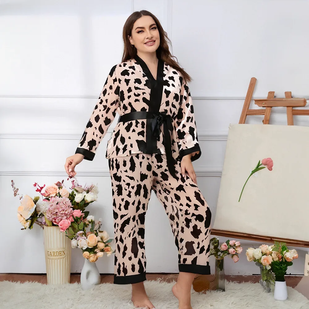 حجم كبير الإناث Pjs ملابس خاصة 2 قطعة سترة وسراويل دعوى النساء زهرة طباعة المتسكعون البيجامات فضفاضة حريري ملابس المنزل منامة
