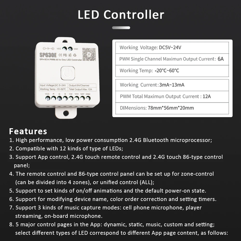 SP630E 5V 12V 24V Controller luce di striscia LED per SPI 5050 2835 Bianco CCT RGB RGBCCT PWM Pixel Lampada Bluetooth RF Telecomando