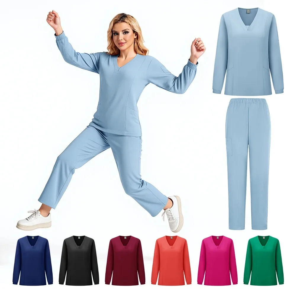 

Fashionable Breathable Comfortable and Elastic Fabric Women's Work Suit Work Clothes Nurse Scrubs Uniform for Women Long Sleeves