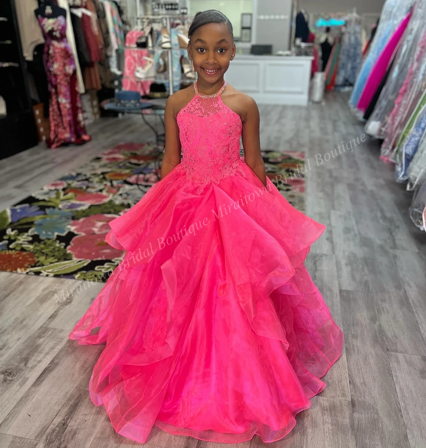 Barbie Pink Girl Preteen Pageant Dress Crystal Lace High Neck Little Kid Birthday Formal Cocktail Party Gown Teens Junior Miss