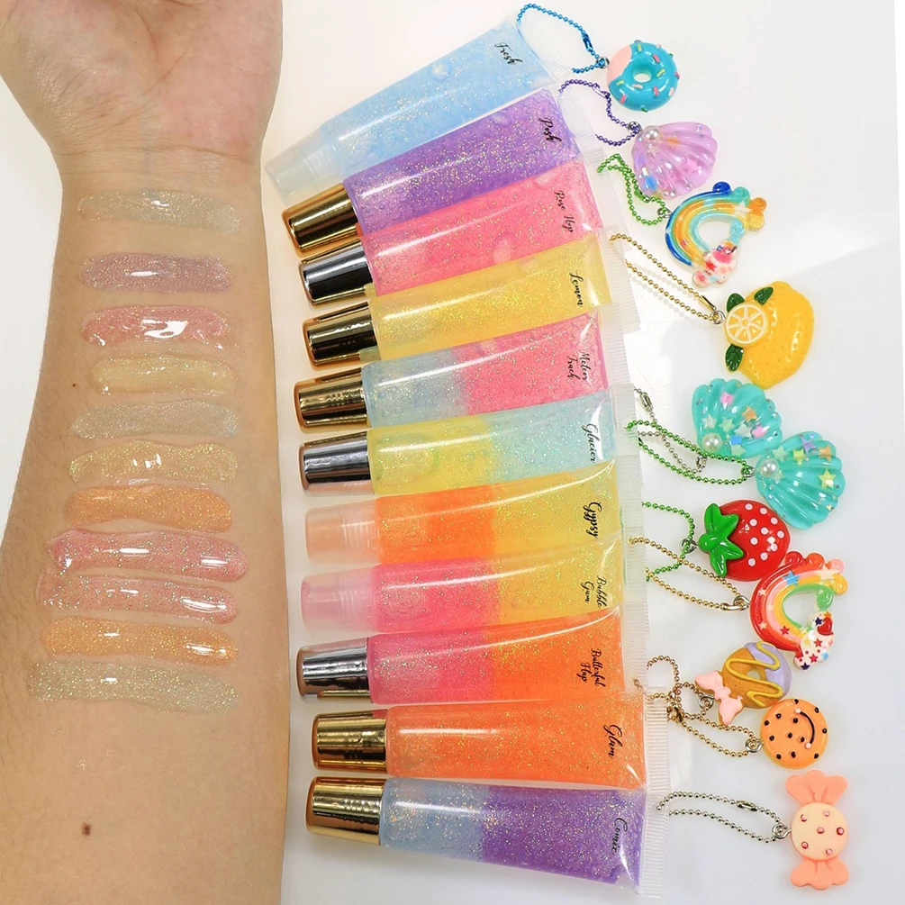 Private Label 11 Colors Lip Gloss 12ml Long-lasting Waterproof Easy To Apply  Moisturizing Custom Logo Makeup Chain-Loop Tube