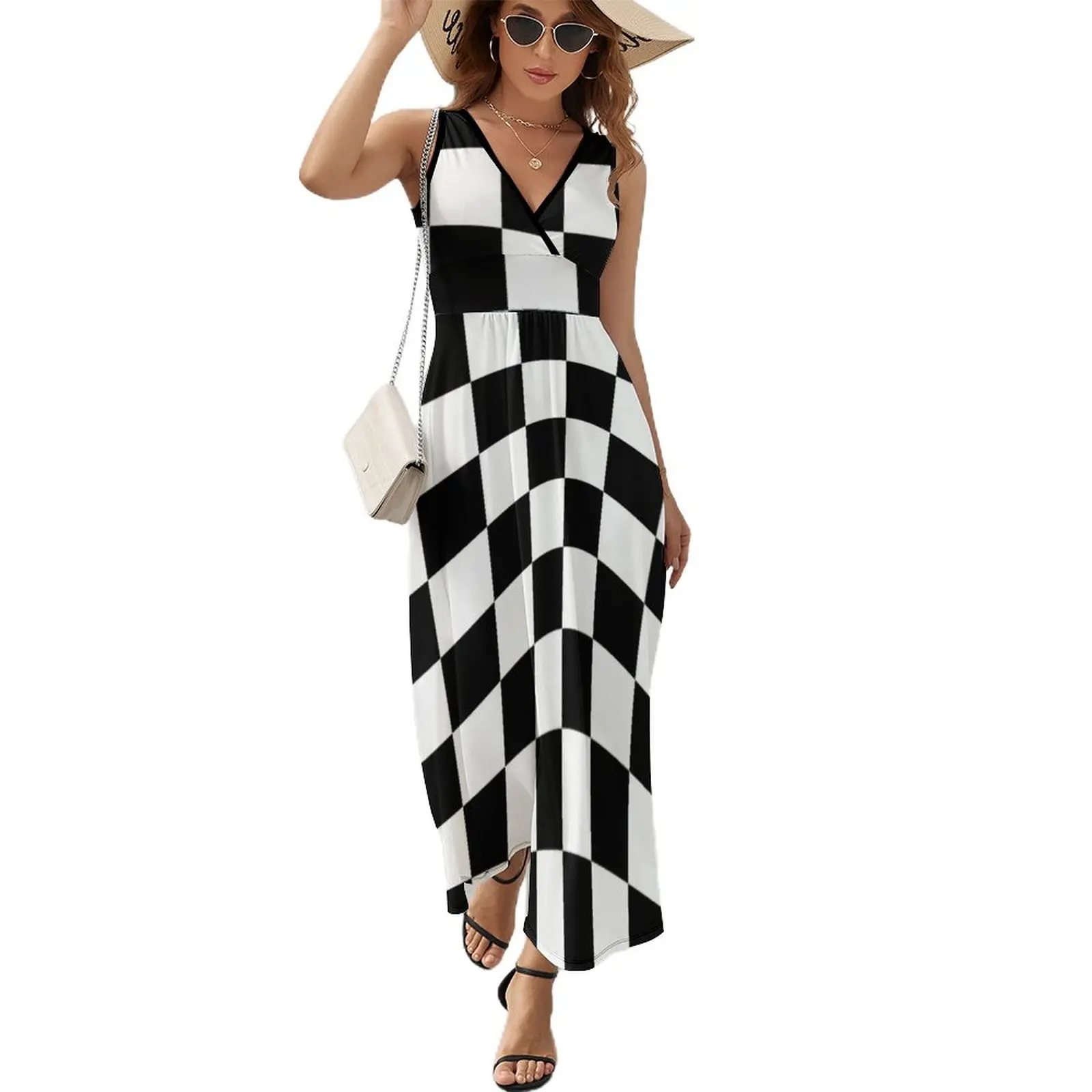 

Black and White Checkered Pattern Sleeveless Dress festival outfit women women's clothing trend 2023