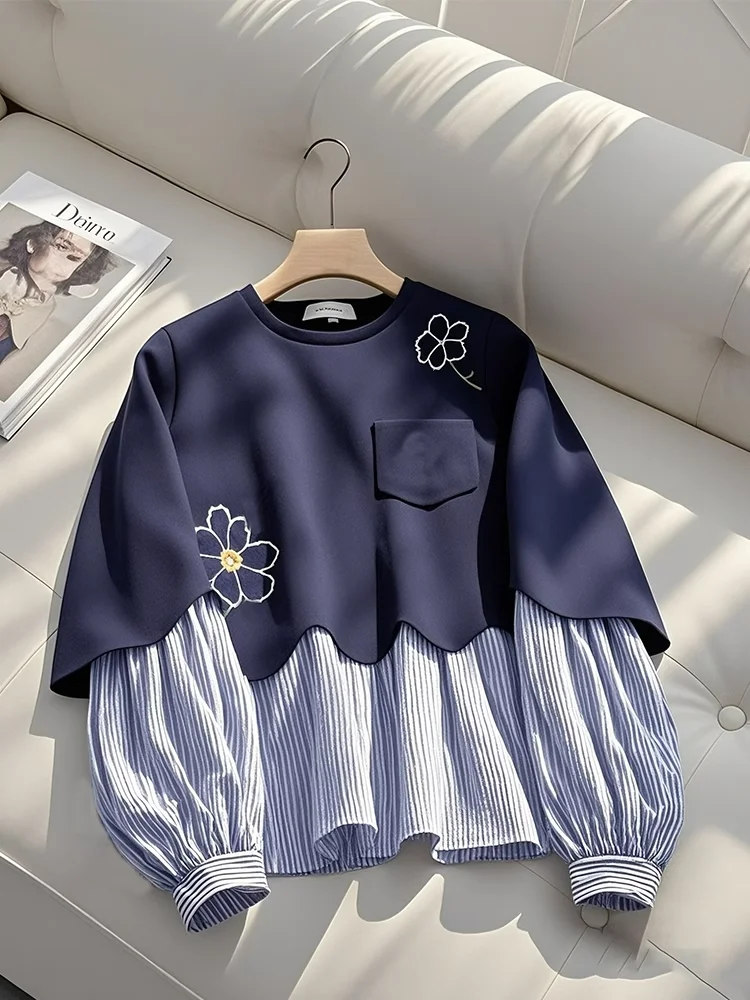 2025 autumn new popular American loose lazy chic top navy blue fake two-piece crew neck sweater women