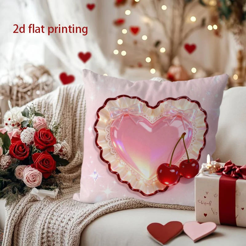 Heart-Shaped Pillow with Cherry and Twinkling Design Pattern Cushion Cover Suitable for Sofa Bedroom Car Pillow Cover