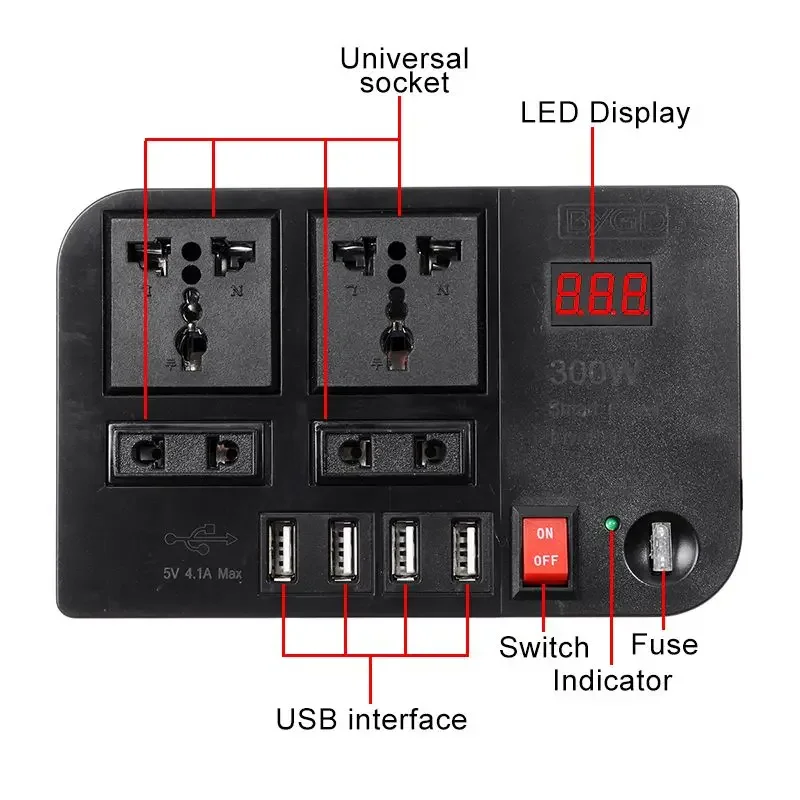 300W DC12V To AC220V Car Power Inverter Modified Wave Converter with 4*USB 4*AC Socket LED Display Voltage Detection