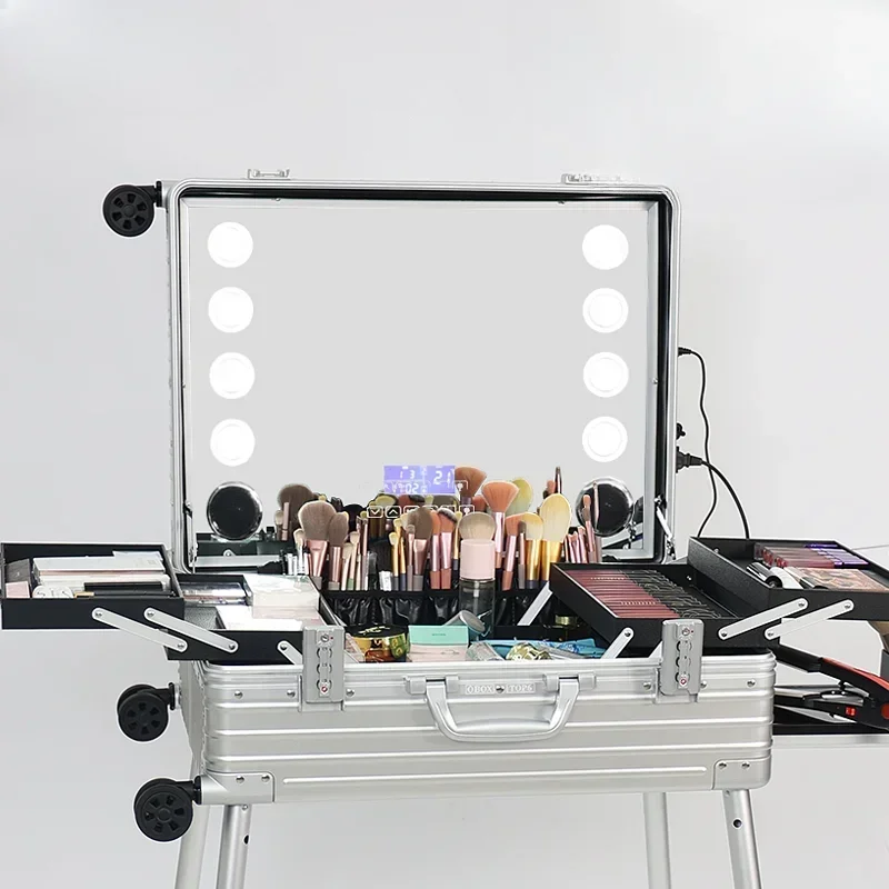 Aluminum-magnesium alloy trolley cosmetic case Professional makeup artist with lamp with mirror makeup artist special tool case