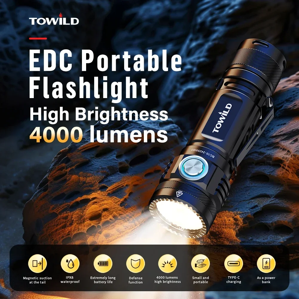 

TOWILD BC10 EDC Flashlight Type C Portable Rechargeable 4000lm High Power Led Flashlight 21700 Torch For Camping Self Defense