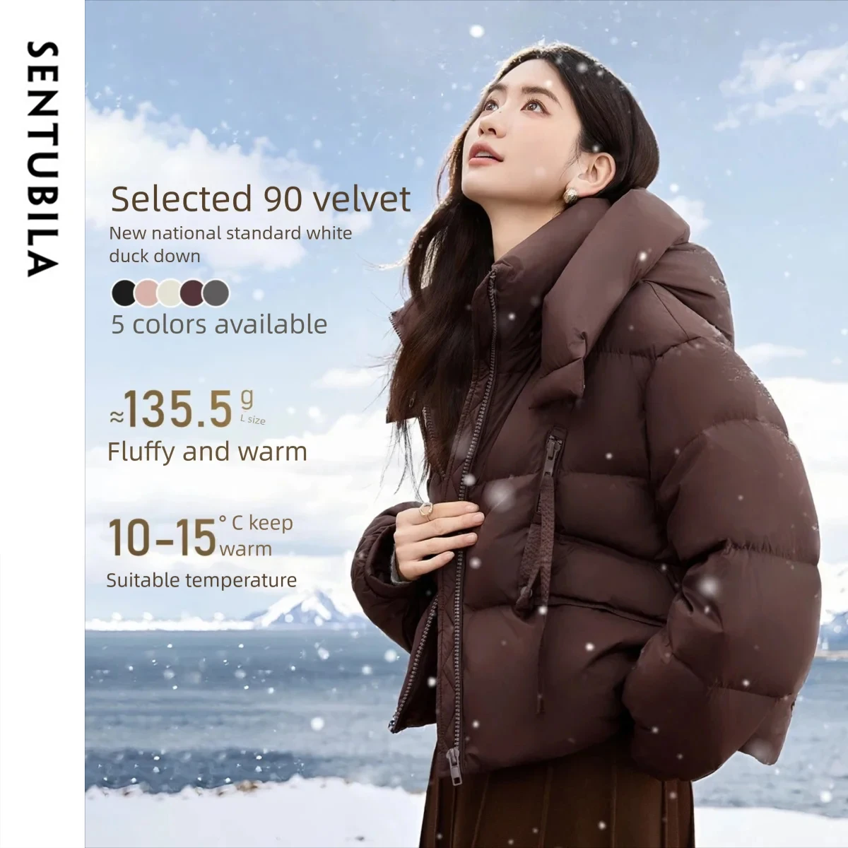 

SENTUBILA Women's Puff Down Jacket 2025 Winter Commuter 90% White Duck Down Stand Collar Detachable Hooded Short Coat W54YE2035
