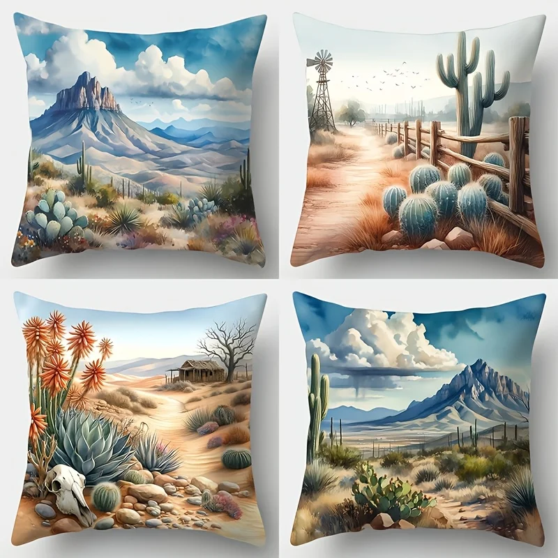 4PCS Southwest Desert Cactus Pillow Covers: Modern Style, Zipper Closure, Polyester Woven Print Cushion Cases, Decorative Sofa