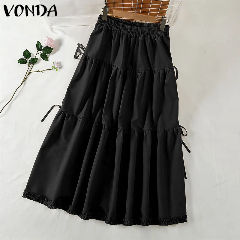 Plus Size 5XL VONDA Women Elegant Bow Ruffled Maxi Skirts Fashion High Waist Pleated Long Skirts Elastic Waist Jupes Faldas Saia - view 4