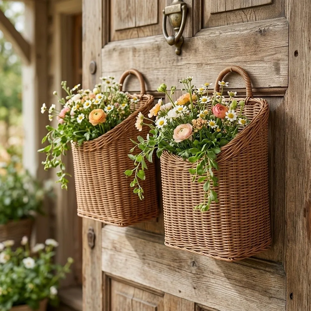 Woven Hanging Basket Set 2pcs for Door Wall Decor Rustic Storage Basket Brown 11.8x9.8x7.8in Faux Rattan Handmade