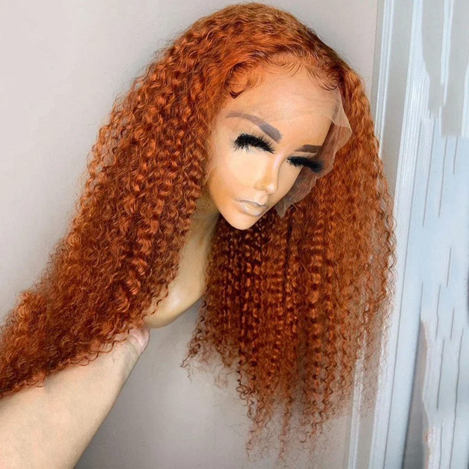 Kinky Curly Lace Front Wig, Matched Baby Hair, Pré-arrancado, Densidade 180, Gengibre Laranja, Todas as Skins, Resistente ao Calor, Glueless, Diariamente, 26"