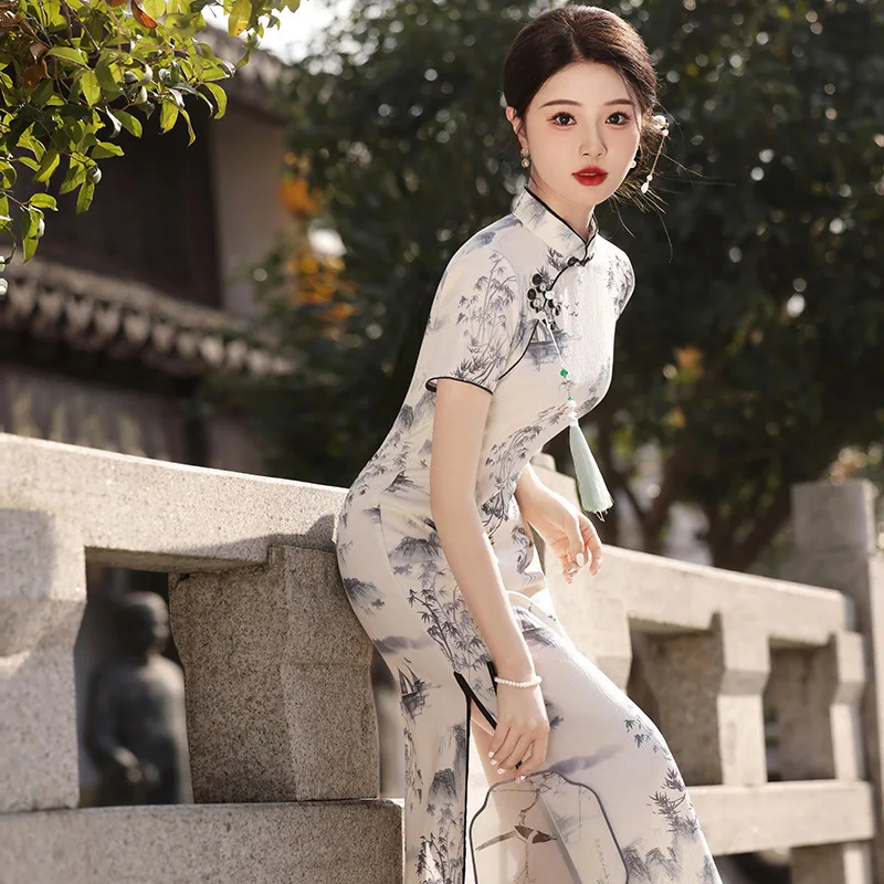 

Old Shanghai Tradition Long Qipao Elegant Women Perform Formal Cheongsam Oversize 4XL Mandarin Collar Party Dress Sexy Vestidos