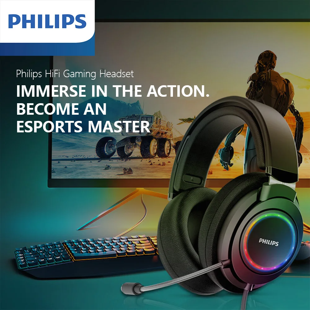 Philips G6105 Head-mounted Wired Headphones 7.1 Surround Sound RGB Lighting Effect Noise Cancelling Mic E-sports Gaming Earphone