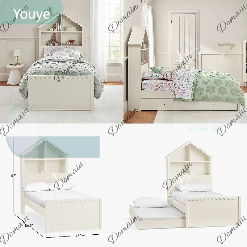 ZL French Cottage Style Kids Storage Bed with Pull Out Trundle Bookshelf Solid Wood Girl Bed