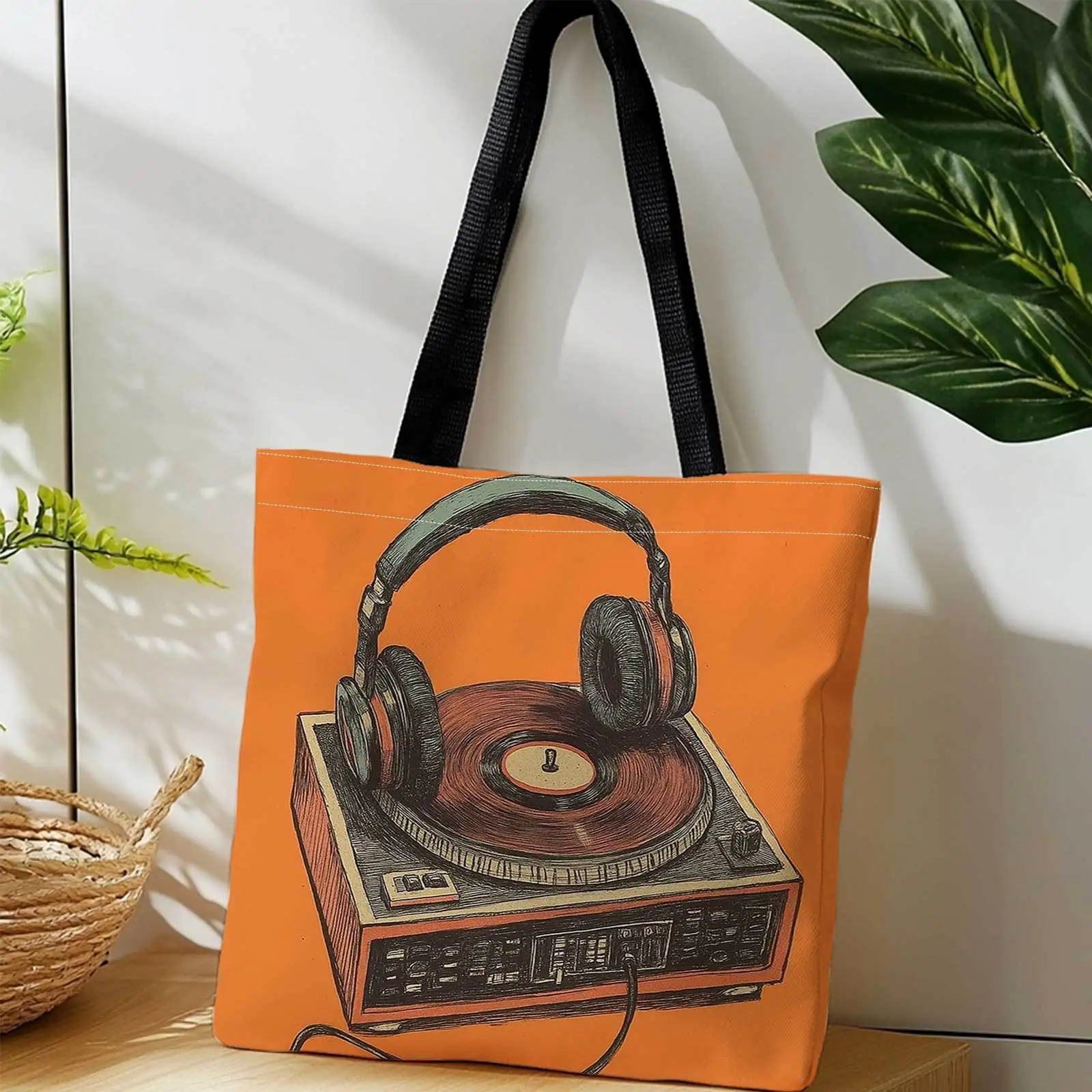 Printed Shopping Tote Bag+Headphones Turntable,Vinyl Record Music Equipment.+Lightweight Foldable Reusable Shoulder Storage Bag
