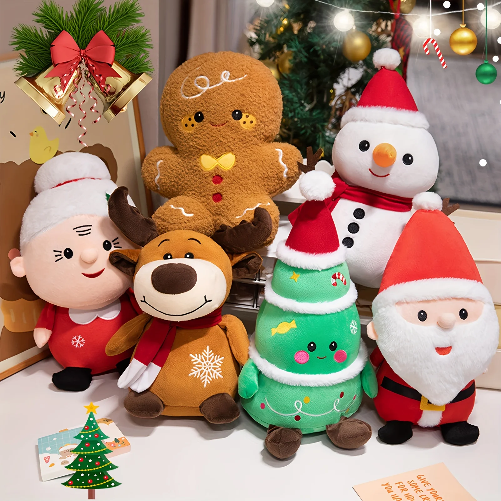 

Christmas Plush Toys Set - Santa Snowman Deer Gingerbread Soft Polyester Stuffed Animals for Tree & Holiday Gifts Decor