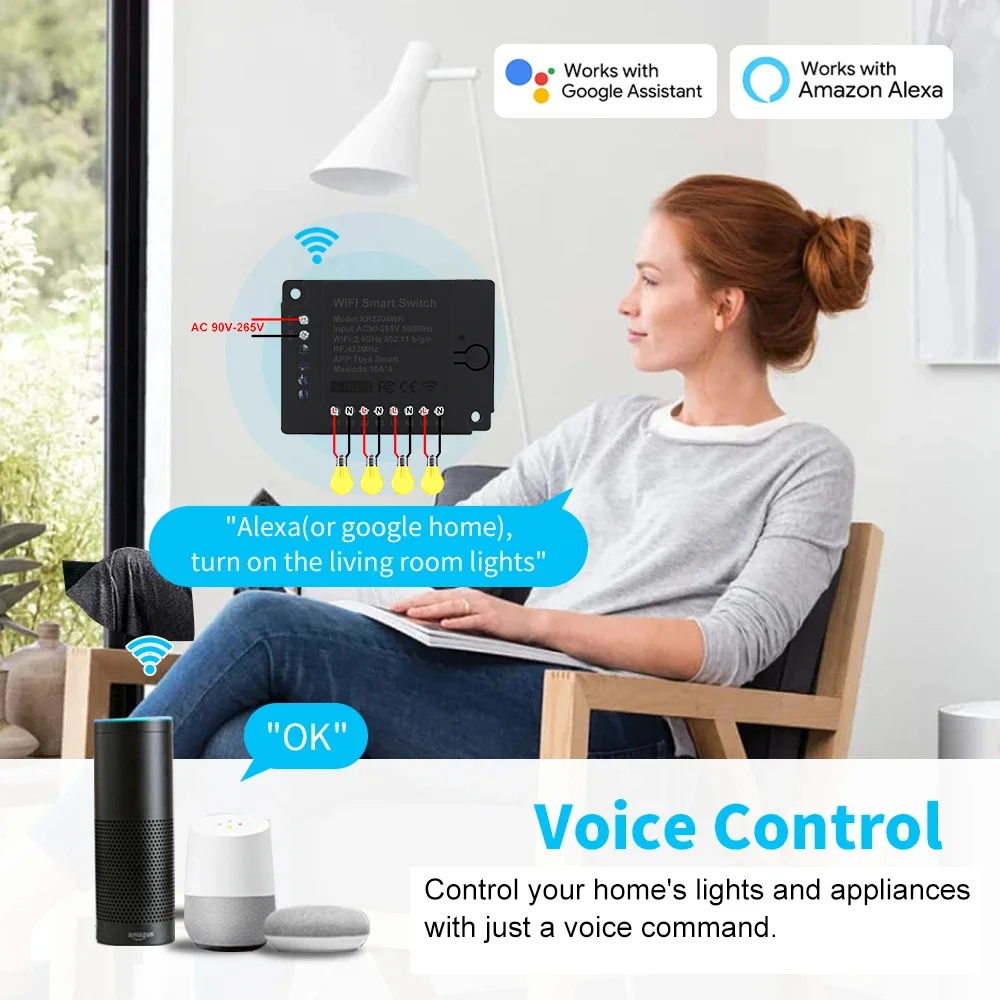 Interruptor inteligente Tuya de 4 canales, módulo WIFI de 220V, Control remoto, receptor de 110V, relé inteligente de 10A, funciona con Alexa y