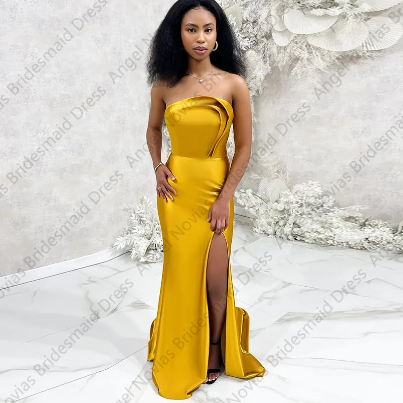 

Customized Long Golden Mermaid Bridesmaid Dresses with Split Formal Party Birthday Robes Invitee Mariage